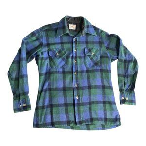 Vintage Ely Wagon Boss Wool Blend Flannel Shirt Blue Green Plaid (M/L)